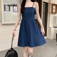 (ZT)Lovito Casual Plain Ruched Denim Dress for Women LNE13103 (Blue) Lovito Gaun Denim Kerut Saku Po
