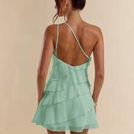 Mint Green Summer Mama Mia Party Women's Solid Layered Lotus Leaf Cake Mini Dress,Summer Beach Vacat