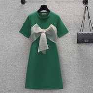 Summer Dress Childrens 2023 New Western-style Age Reducing Slim Belly Covering Green Bow Dress Tide
