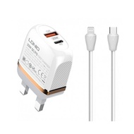 Kabel Pengecasan LDNIO A2316C 20W Fast Charge Charger QC3.0 + PD USB-C Fast Charge UK Travel Charger