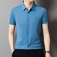 Montagut เสื้อเชิ้ตผู้ชายผ้าไหม แขนสั้น ทรงหลวม ปักลาย ไม่ต้องรีด ฤดูร้อน 2024 ทรงปกติ สีพื้น สำหรับ