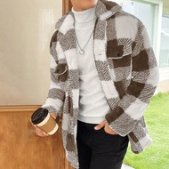 เสื้อแจ็กเก็ตชายรูปแบบหลวม พิมพ์ลาย Buffalo Plaid แขนตก มีกระเป๋าฝาปิด โดยไม่มีเสื้อกันหนาว