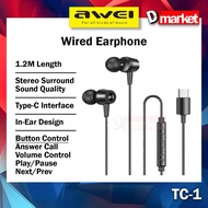 Awei TC-1 Wired Earphone Stereo Surround Sound 1.2M Length Wired Earphone In-Ear Type-C Headphone Aw