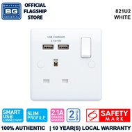 British General (821U2) Moulded13A Switched Single Socket with USB Charger, 13A, 1 gang SP, switched + 2 x USB (2.1A)