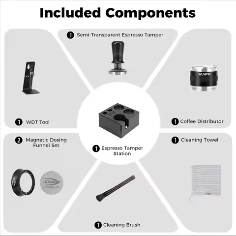 IKAPE 8 IN 1 Espresso Tool Set Black 51MM/53.3MM/58.35MM,Coffee Tamper,Distributor,Magnetic Funnel,P