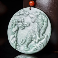 Trendy Natural Ice Green Jadeite Carved Charm Zodiac Tiger Lucky Pendant Amulet Necklace Certificate