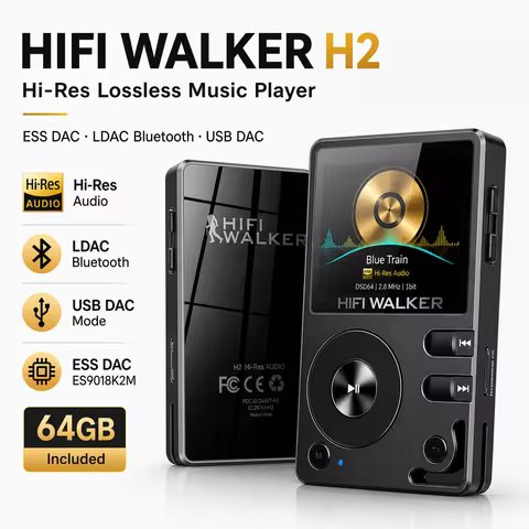 HiFi Walker H2 DAP Player, Portable MP3 Native DSD128, 64GB up to 512GB, ESS DAC Chip, USB-DAC,Lossl