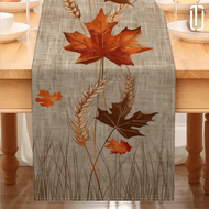 1pc Autumn-Inspired Table Runner With Maple Leaf & Wheat Pattern - Line, Earthy Tones, Multiple Size
