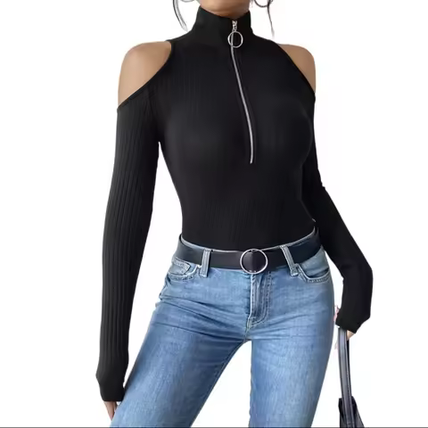 Women's Cold Shoulder Long Sleeve Bodysuit – Ribbed Knit Half Zip Turtleneck Top for Casual & Night