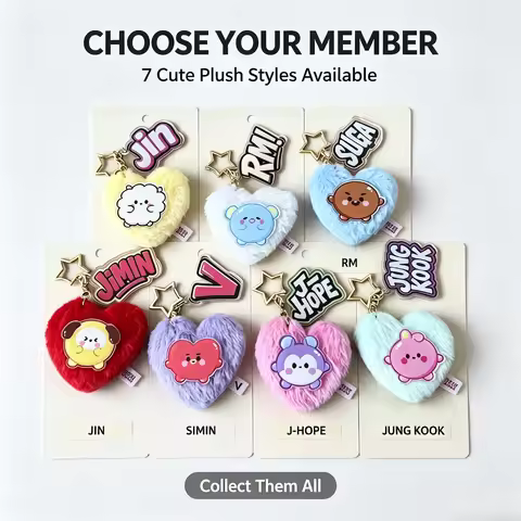 7 Cute K-pop BTS Character Fluffy Key Ring Heart Shape Backpack Bag Pendant Fans Collectible Souveni