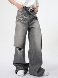 กางเกงยีนส์ขายาว ทรงกระบอก สีฟอกเทา เข่าขาด สไตล์เกาหลี P0113