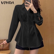 VONDA เสื้อคอยาวแขนเสื้อ V ของผู้หญิงเสื้อยืดทางการสำหรับสาวออฟฟิศเสื้อเบลาส์ (ลดล้างสต๊อก)
