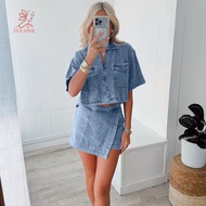 fulaide- Women Denim Two-piece Set Classic Color Women Outfit Women’s 2-piece Denim Set Summer Outfi