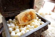 金色乾花圖案迷你鏡盒藥丸盒耳環盒日本中古高級水晶古著珠寶首飾