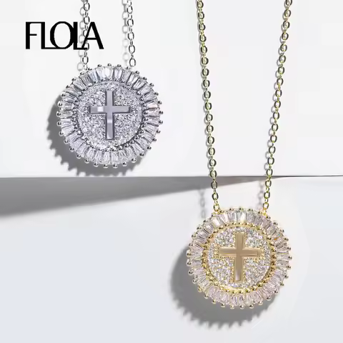 FLOLA Cubic Zirconia Gold Plated Cross Necklace Women With Crystal Cross Pendant Long Chain Necklace
