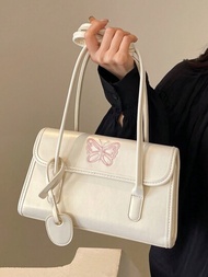 Bolso de mano vintage Meilade con diseño de mariposa bordada, bolso grande estilo coreano de hombro con capacidad extra, bolsa de moda simple para mujer estilo universitario, trabajo y escuela 2024