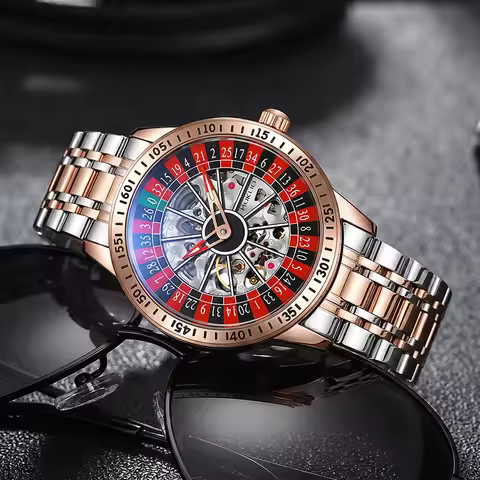 Casino Roulette Design Men's Automatic Mechanical Watch,Stainless Steel Band Waterproof Wristwatches