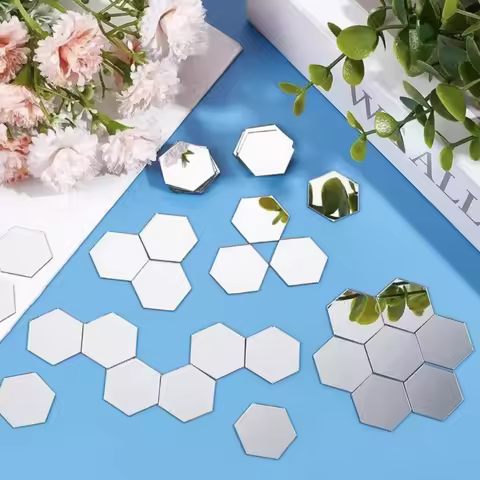 50/100pcs Hexagon Mosaic Tiles Hexagonal Mirror Wall Stickers 0.138x0.12 Inch Self-Adhesive Mini Acr