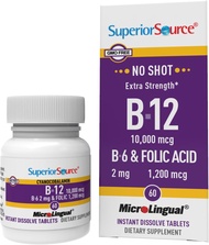 Superior Source No Shot Vitamin B12 Cyanocobalamin (10000 mcg), B6, Folic Acid, Quick Dissolve Micro