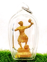 Golden Phra Pirab Ajarn Keng The Master Be 2561 figurine in clear case for home decor.
