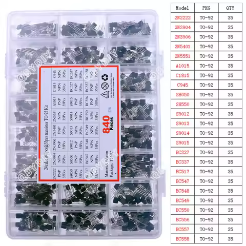 840pcs 24Values TO-92 PNP/NPN Transistor Assortment Kit BC327 BC337 BC547 2N2222 3904 3906 C945 BC51