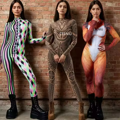 Fox Fur Print Bodysuit Women 3D Animal Costume Asymmetry Colorful Checkerboard Clown Cosplay Holiday