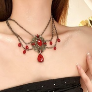 sweatshirt 上衣 y2k outfit Retro Korean Fashion Necklace with Waterdrop Gem Stone on Chain - Dark Red