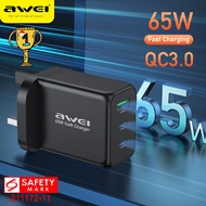 Awei US Plug GaN 65W High Power Adapter 4 Port 1 USB and 3 Plug Type-C Charger PD Quick Charger PD 6