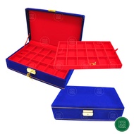 กล่องกำมะหยี่คิวทอง ใส่พระ กั้นช่อง มีสองชั้น สีน้ำเงิน ภายในสีแดง ขนาดกล่อง 20x30x8 cm KS-Packaging