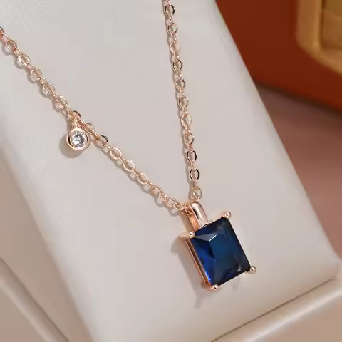 JULYDREAM Simple Square Cut Blue Zircon 585 Gold Color Pendant Necklace Round Ball Chain Wedding Par