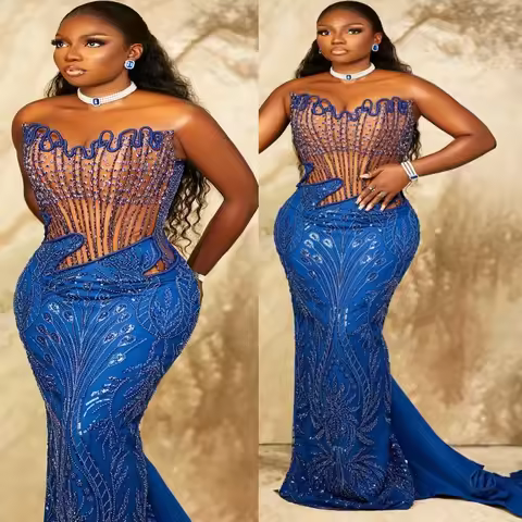 Royal Blue Mermaid 2026 Prom Dresses Beaded Crystals Illusion Sequined Evening Formal Party Birthday