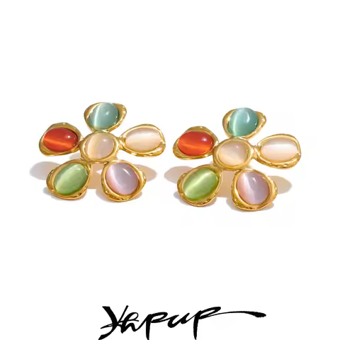 Yhpup Exquisite Colorful Natural Cat Eye Stone Flower Stud Earrings Arrivals Popular Stainless Steel