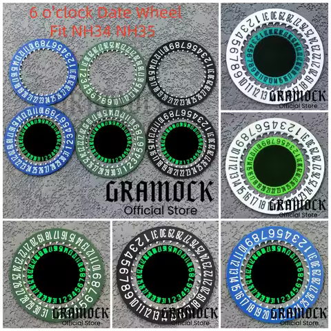 Gramock NH34 NH35 6 O'clock Luminous Watch Calendar Disc Black Green Blue Date Wheel For 4R34 NH35 M