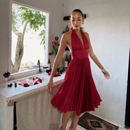 Amore Multiways Pleated Dress ( Red ) ** FREE Flower Pin**