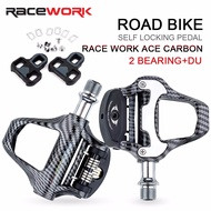 RACEWORK Road Bike Pedal Carbon Fiber Pattern Ultra Light Bearings Pedal For SPD Keo Self-Locking Bi