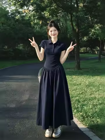 Hebe Style Collar Dress Women's A-Line Long Dress Slimming Waist Design Summer 2026 Fashion Elegant 