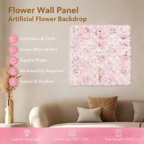 3.28*3.28ft Pink Artificial Flower Wall Panels,Square Flower Wall Mat Silk Rose Flower Panels, Artif