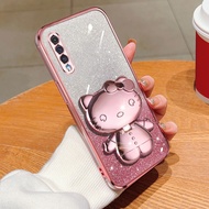 Casing Samsung Galaxy A50 A50S A30S A7 2018 A750 Cute Kitty Cat with Mirror Stand Bracket Glitter Powder Soft Phone Protective Case
