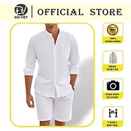 Set áo sơ mi nam dài tay mix quần short lưng thun có túi chất liệu Linen mát mịn phong cách Hàn