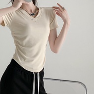 [premium] Korean Style Women's Top ava Top/ Women's Plain v neck T-Shirt/Women's rib T-Shirt/Current Women's T-Shirt-Korean Women's T-Shirt