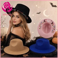 Bohemian Style Wide Brim Fedora Hat Floral Patterns Black Felt Fedora Hat Gothic Theme Butterfly and
