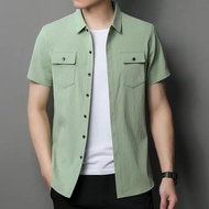 Kemeja pendek pria sage green motif polos slimfit kasual distro dewasa bahan Linen crinkle