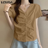 VONDA เสื้อคอวีแขนสั้นพับได้สำหรับผู้หญิงเสื้อสีพื้นแบบหลวมสไตล์สตรีทเสื้อปาดไหล่ (ลายดอกไม้เกาหลี)