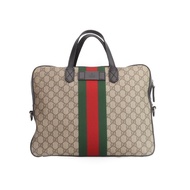GUCCI古馳 老花Logo紅綠條紋織帶 帆布拼皮 電腦公事包 肩背斜背手提包 男款 烏木色/黑色
