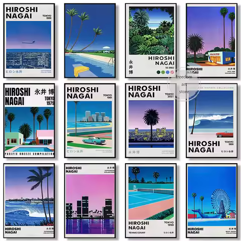 Vintage Japanese 80s Hiroshi Nagai Illustrations Vaporwave Beach Art Posters Canvas Painting Wall Pr