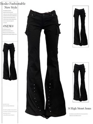 Women Dark Academia Goblin Core Long Trousers Gyaru Goth Low Rise Flare Pants Y2K Streetwear Stretch