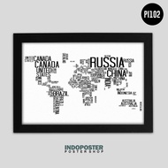 Poster Aesthetic World Map Peta Dunia Text Monochrome A3 45X30cm