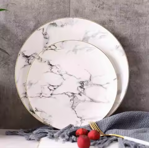 European 8inch+10inch 1 set American style Gilt edged marble golden dinner plate Steak dish dessert