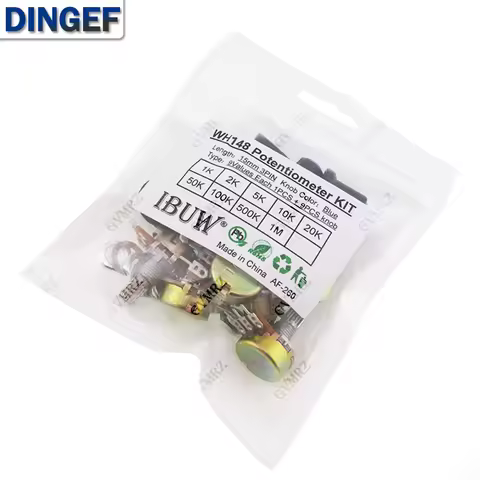 18PCS (9Values + 9Knobs) WH148 Potentiometer Kit (1K-1MΩ 15mm 3PIN) with Blue Knobs for Audio Equipm
