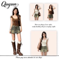 Qingsun Women's Short-Sleeved Lace Shirt Square Neck Puffed Sleeves Slim Fit The Front Has A Short D